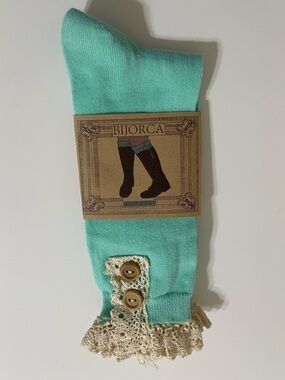 New BIJORCA Teal Boot Socks Cream Crochet Lace Trim Womens One Size